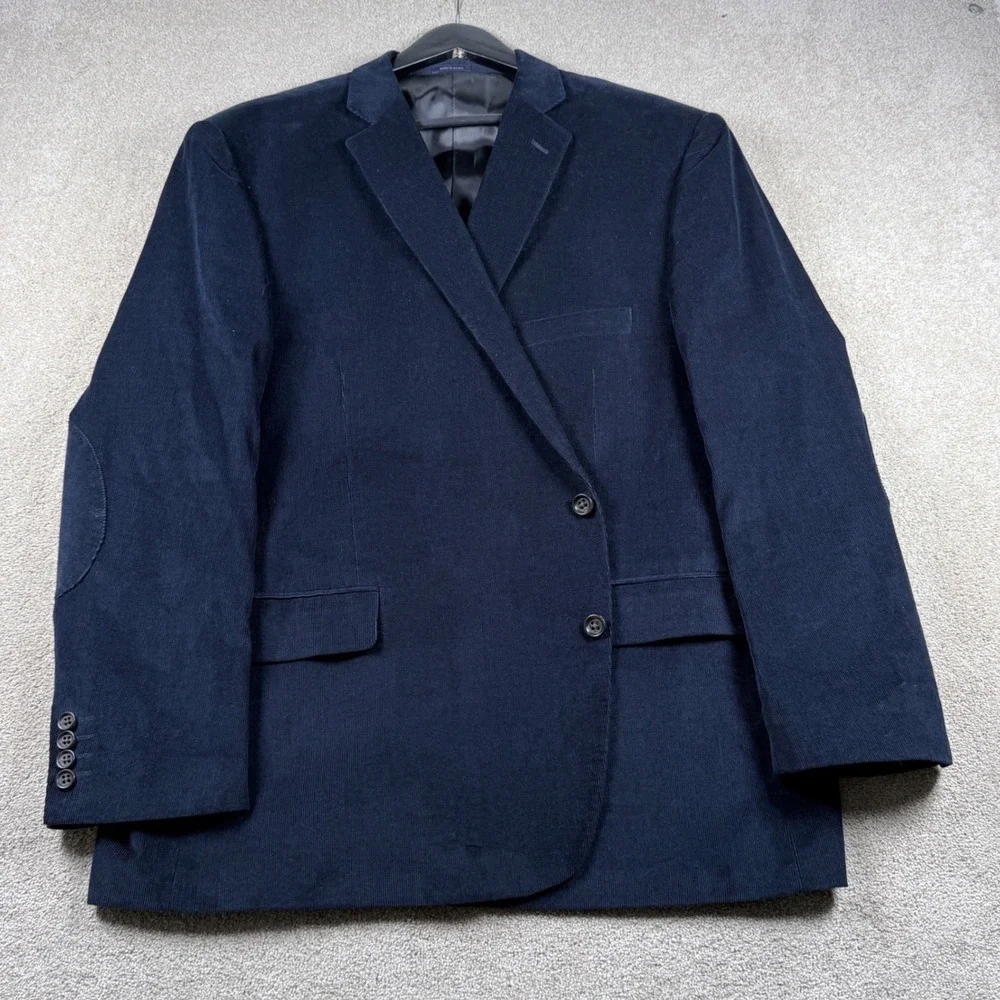 Stafford Mens 56R Navy Blue Corduroy Blazer Sport Coat Elbow Patches Academic